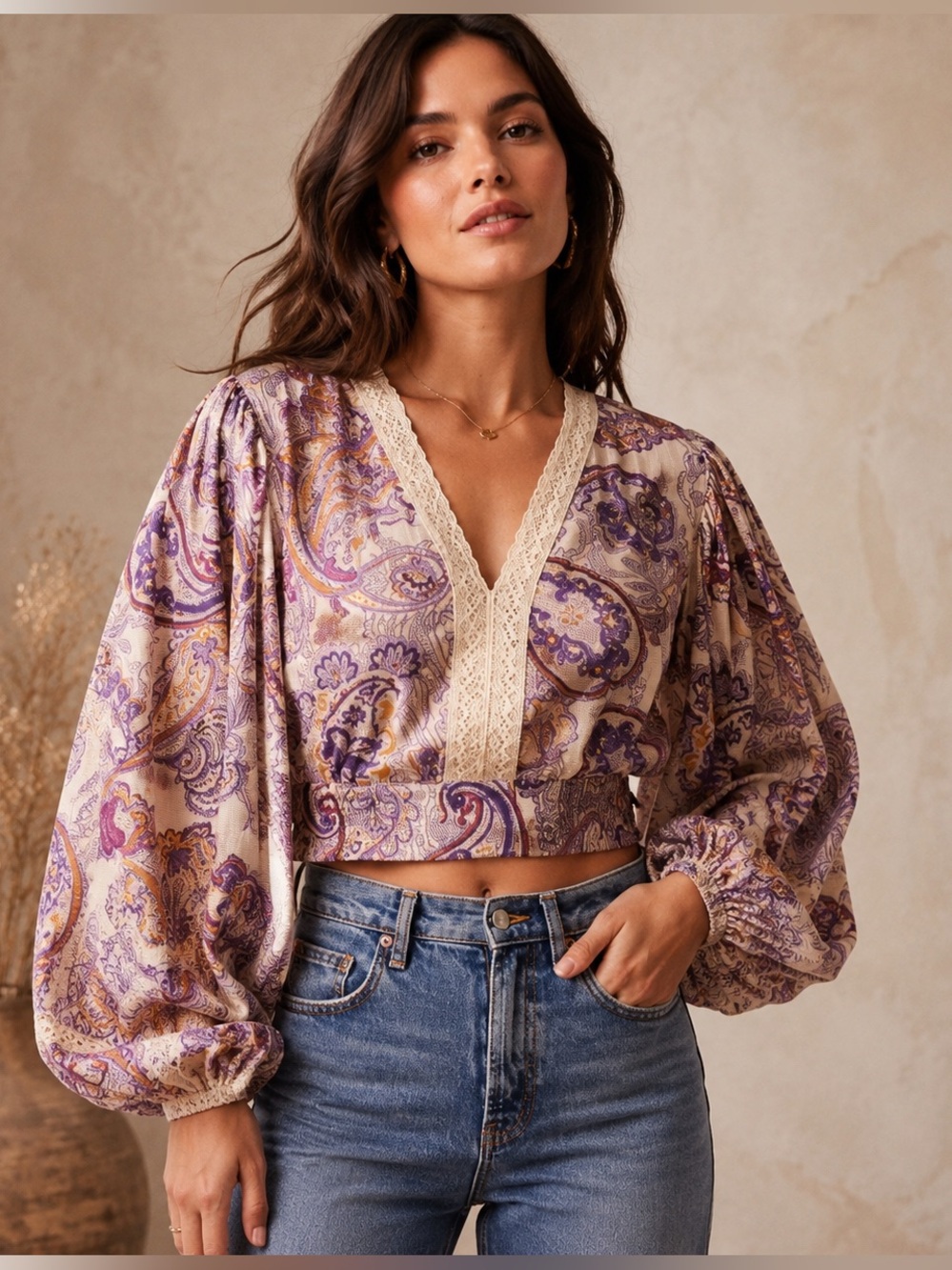 Band of the Free Paisley Lace Balloon Sleeve Crop Top Purple Large NWT NEW